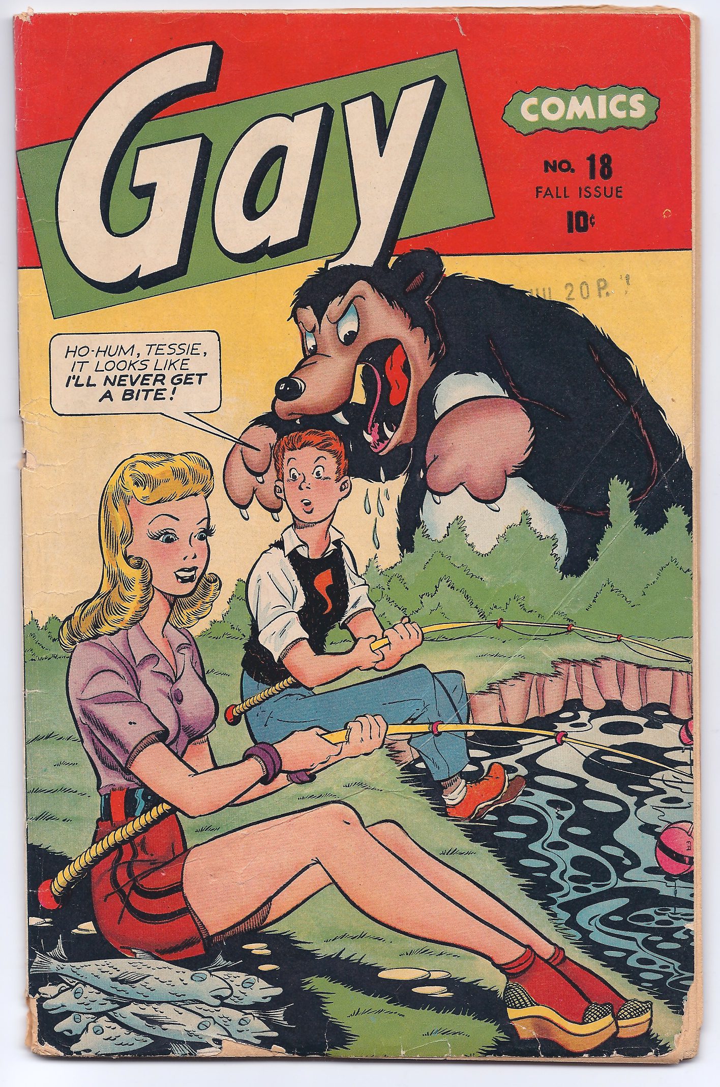 Comic cover with fishing scene and bear.