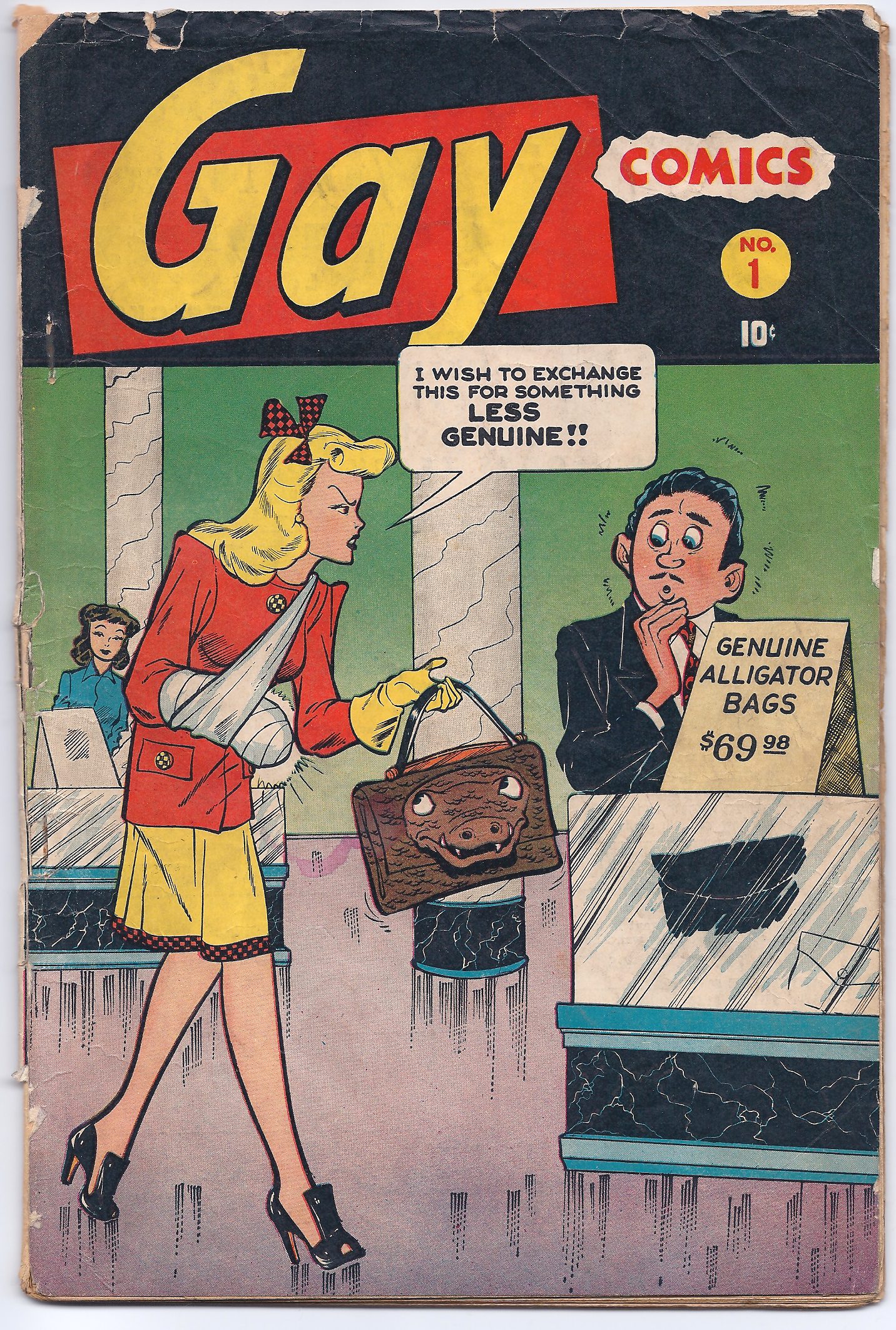 Comic cover with woman exchanging handbag.