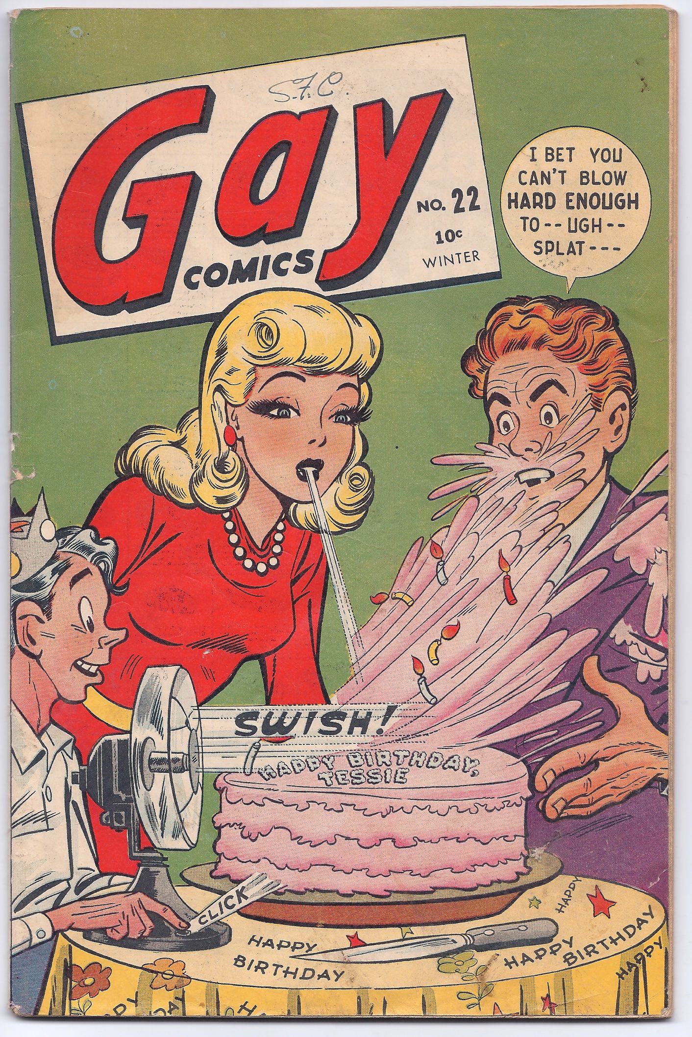 Comic cover with cake and surprised characters.