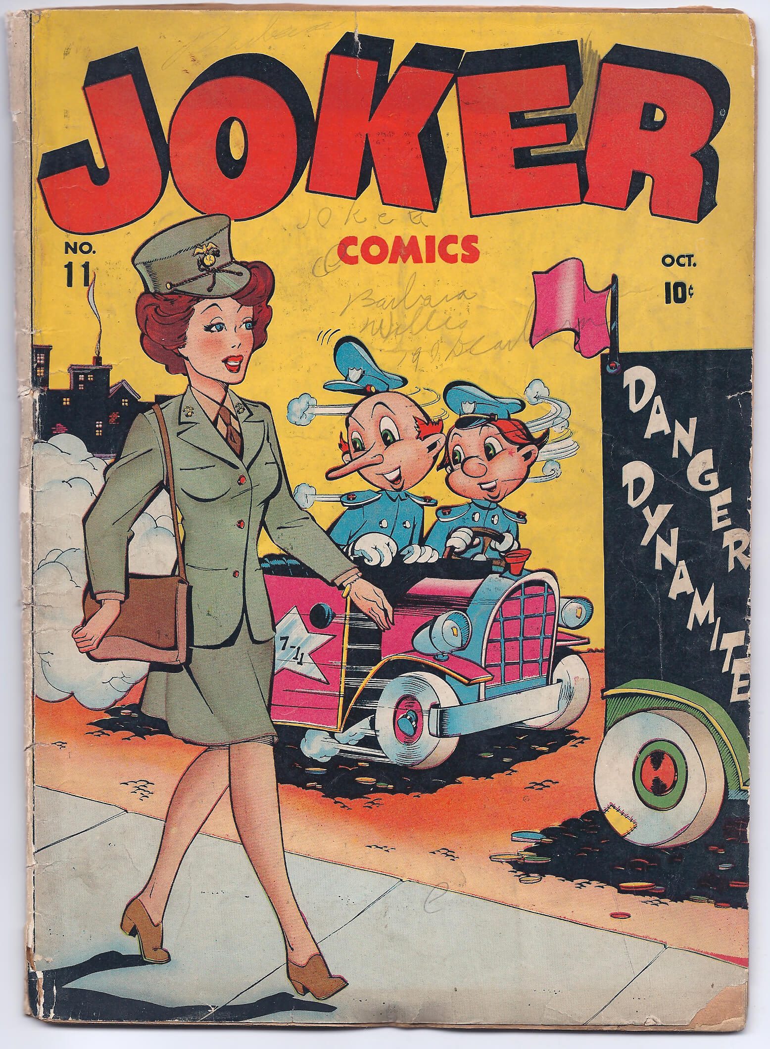 Joker Comics cover with woman and clowns.