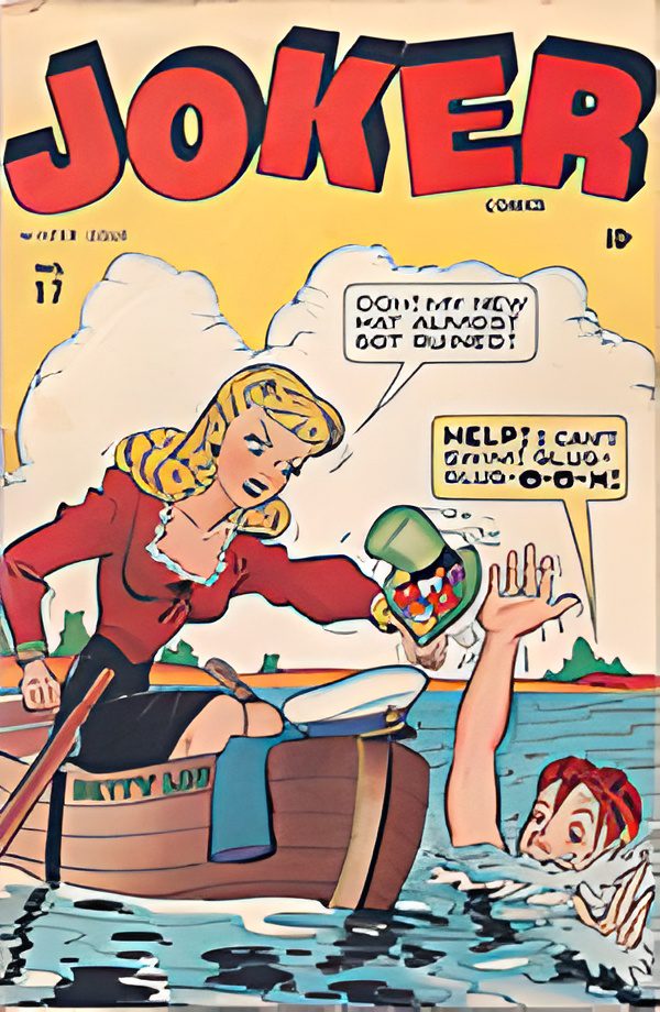 Woman in boat, man drowning, comic cover.