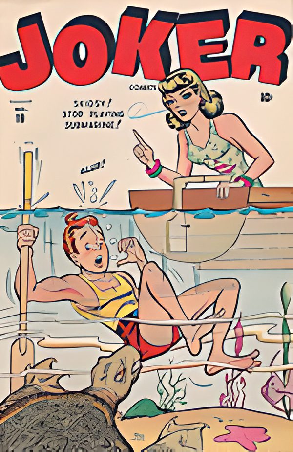 Comic cover with surprised swimmers and alligator.