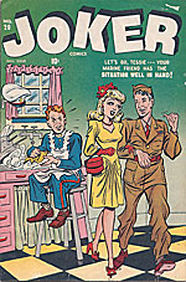 Vintage Joker comic cover with three characters.