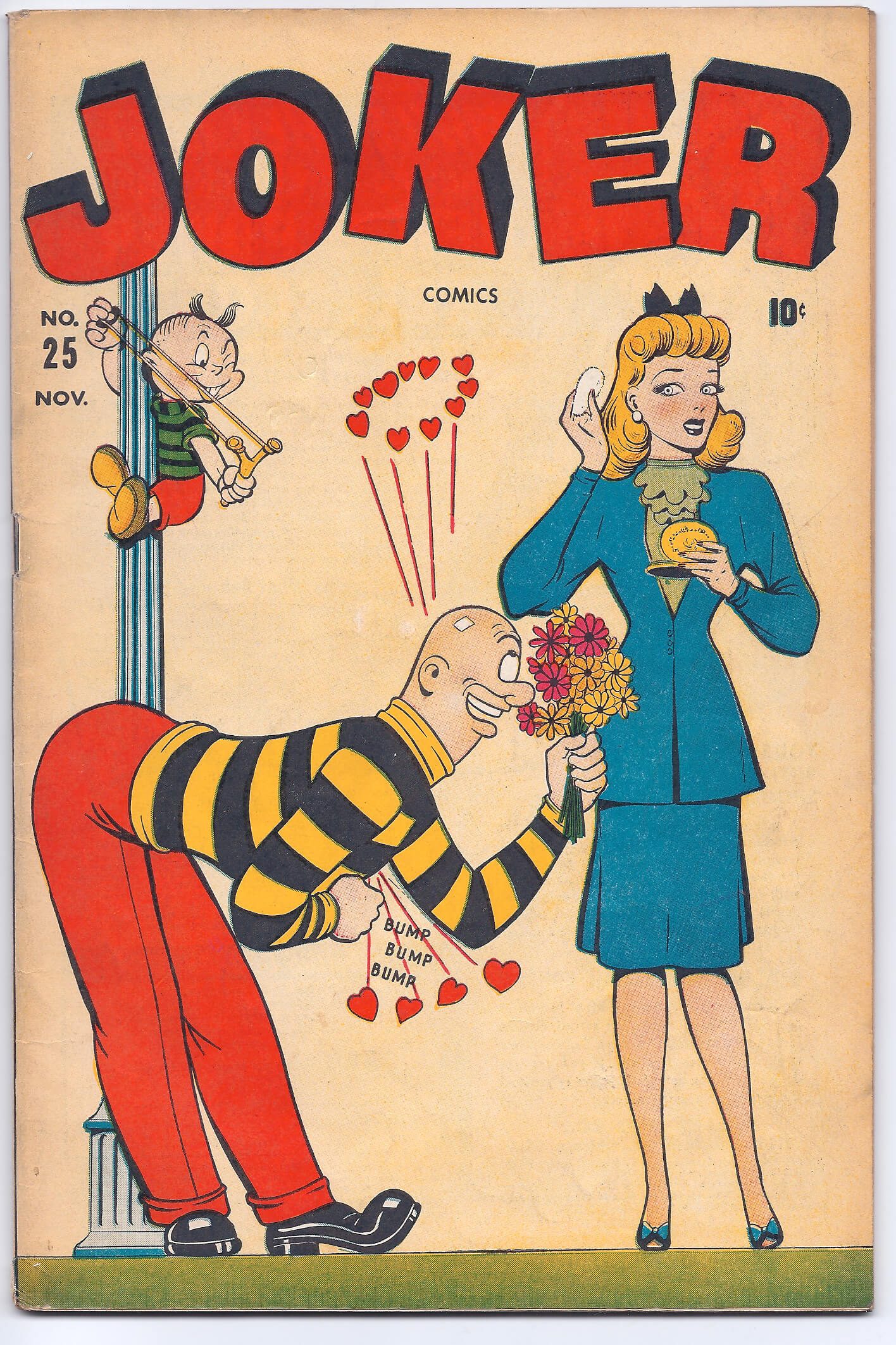 Comic cover with man offering flowers, smiling.