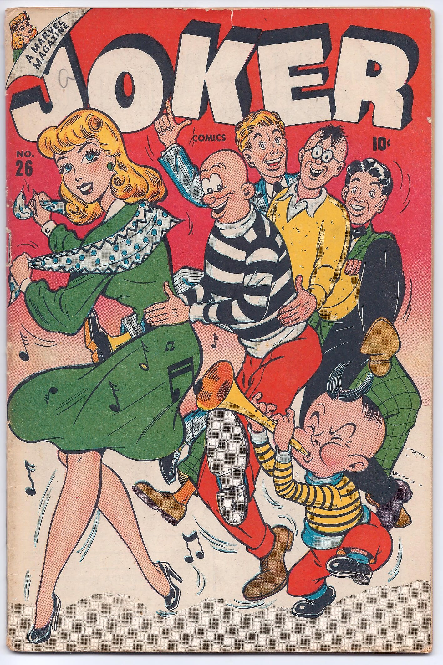 Comic characters dancing with musical notes.