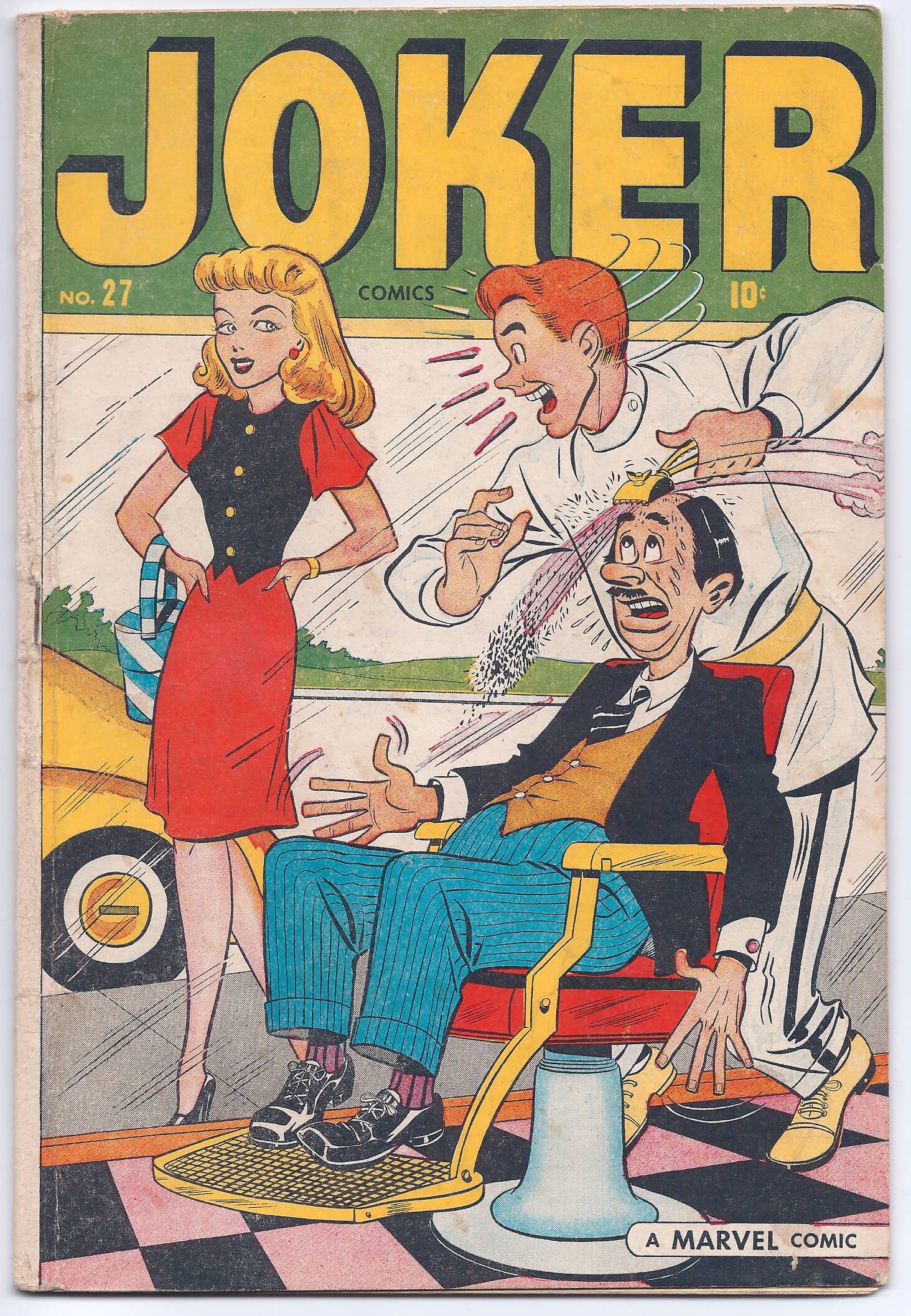 Comic cover featuring barber, couple, and chair.