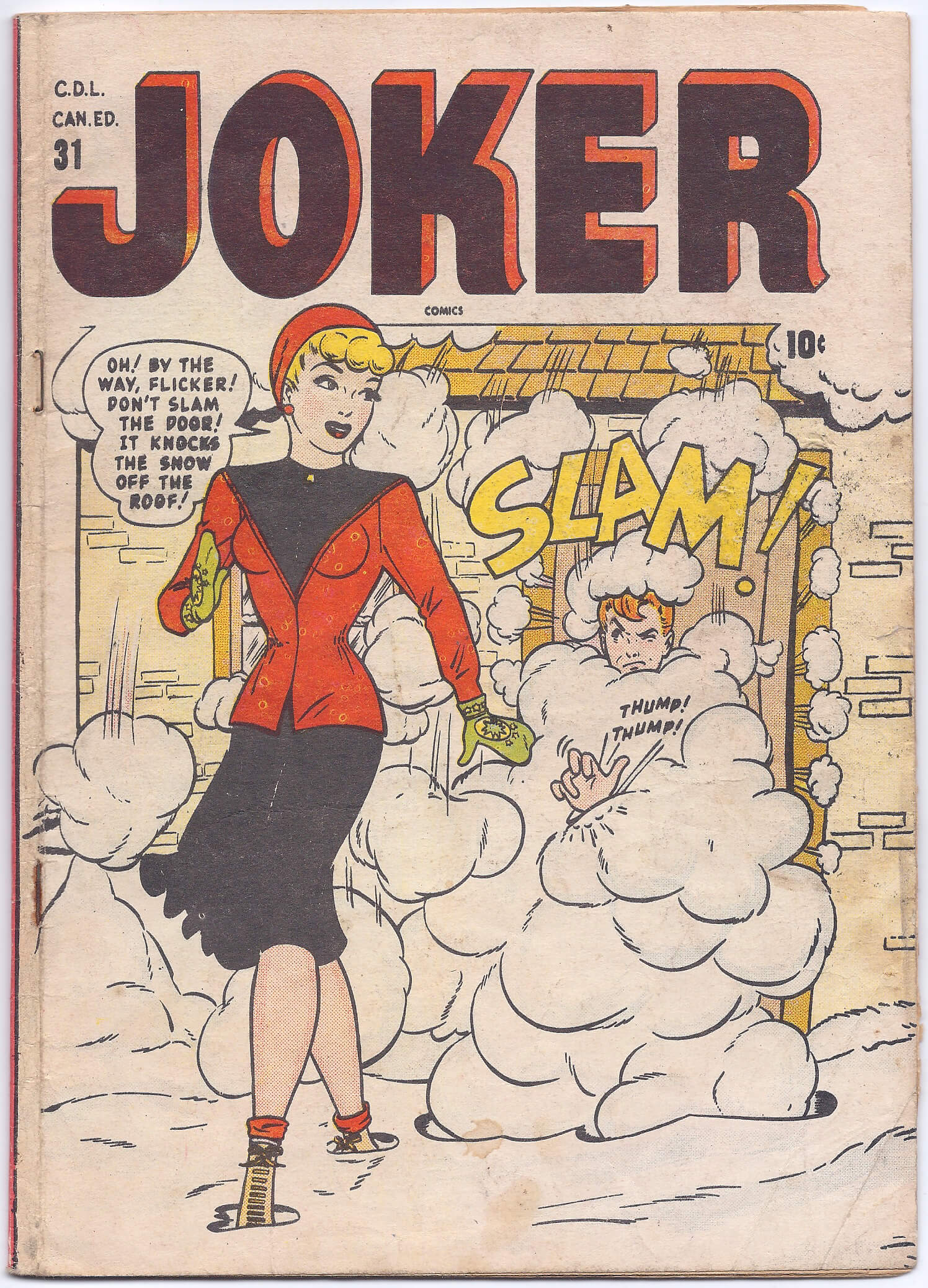 Vintage comic cover with woman and explosion.