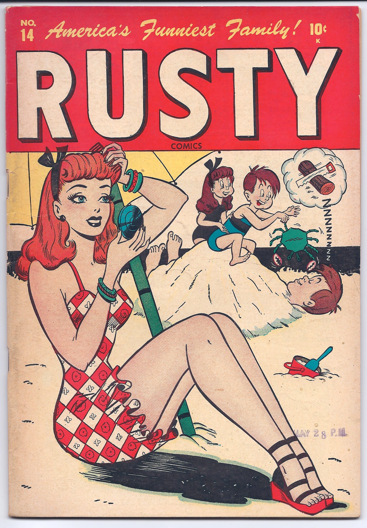 Comic cover with woman and beach scene.