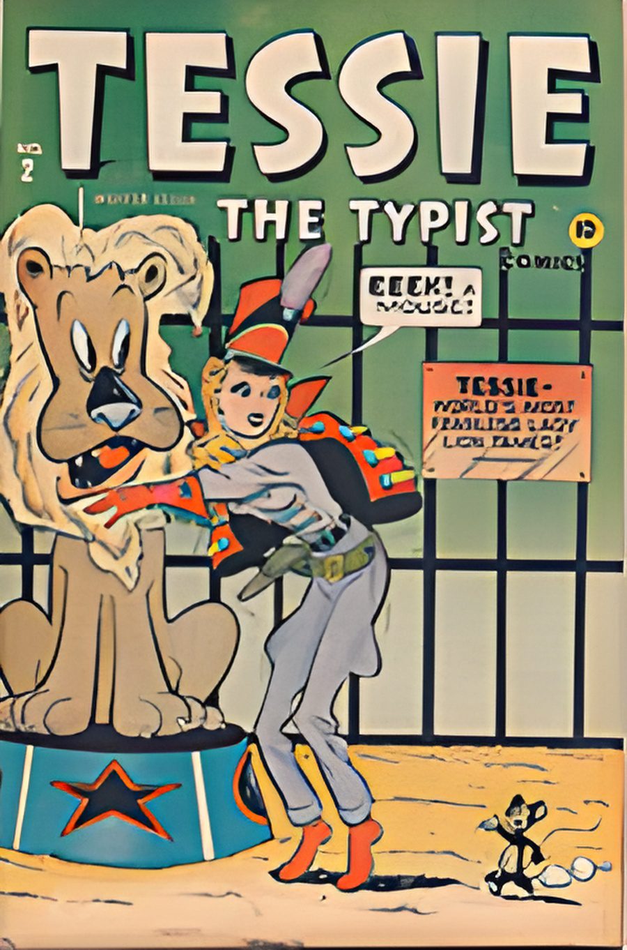 Comic cover with woman, lion, and mouse.