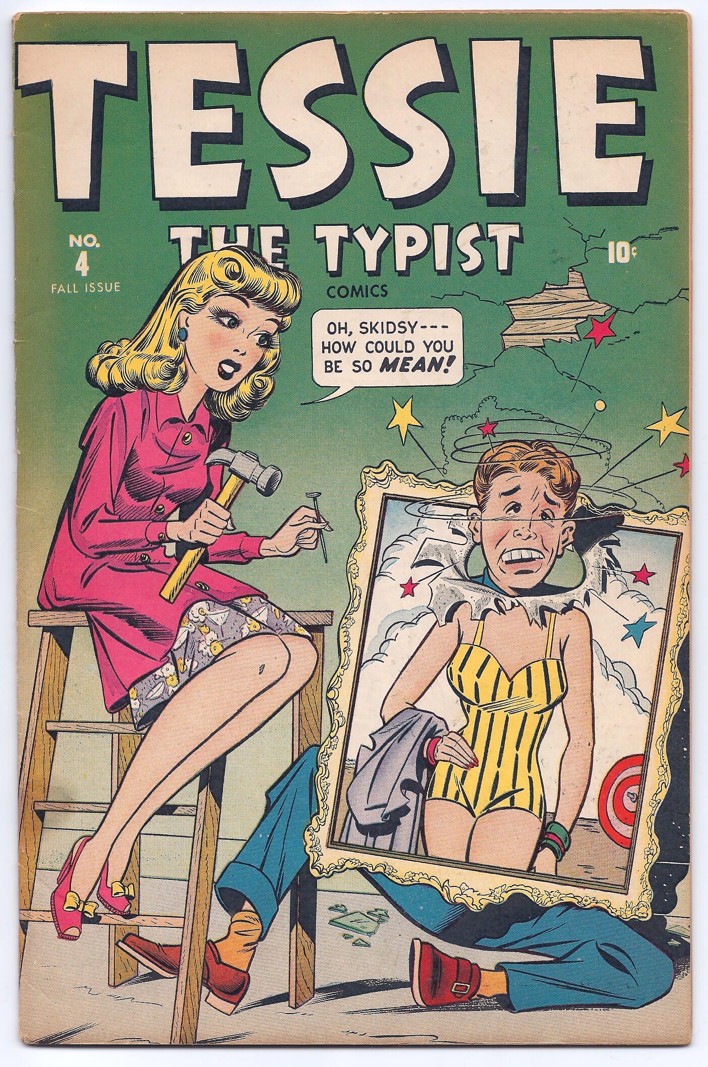 Comic cover: Woman hammering nailed picture of man.