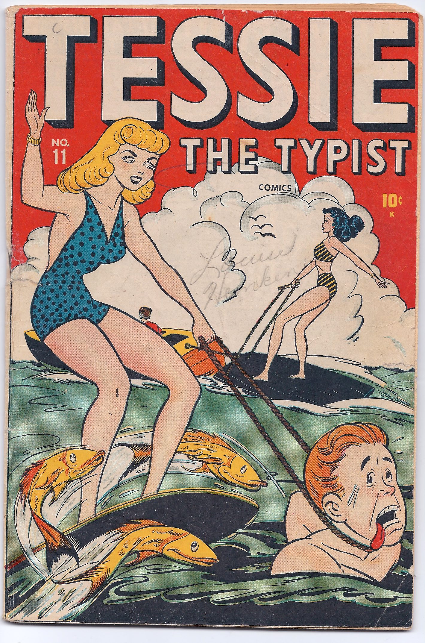 Comic cover: Tessie water skiing, surprised man.