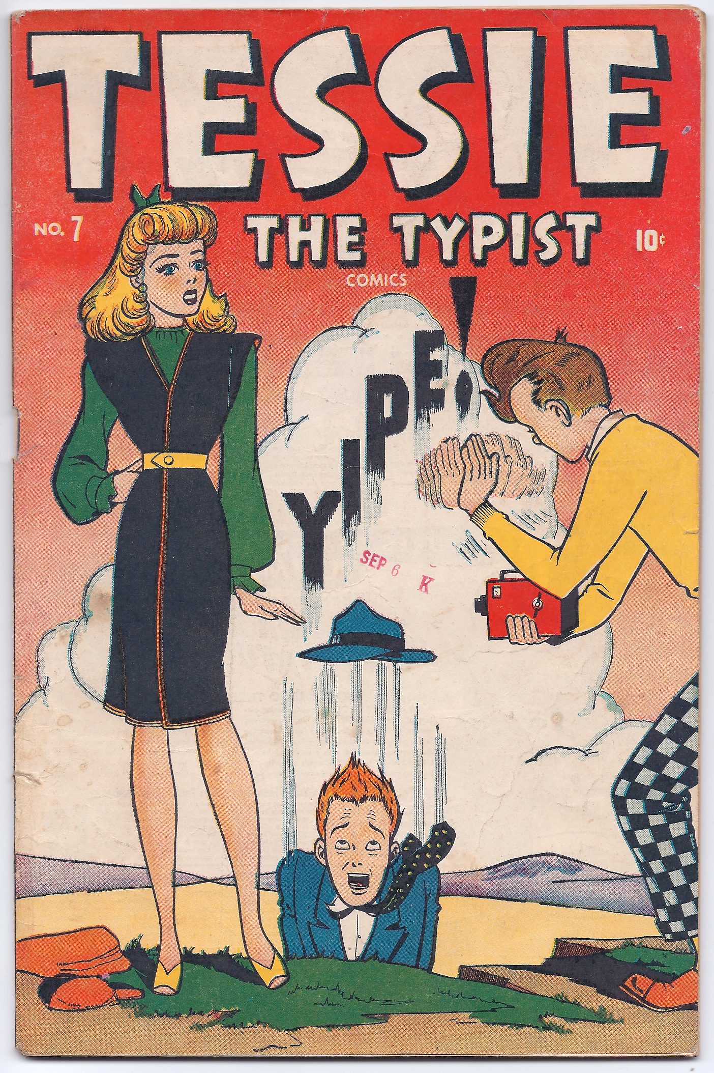 Comic cover, Tessie the Typist, surprised characters.
