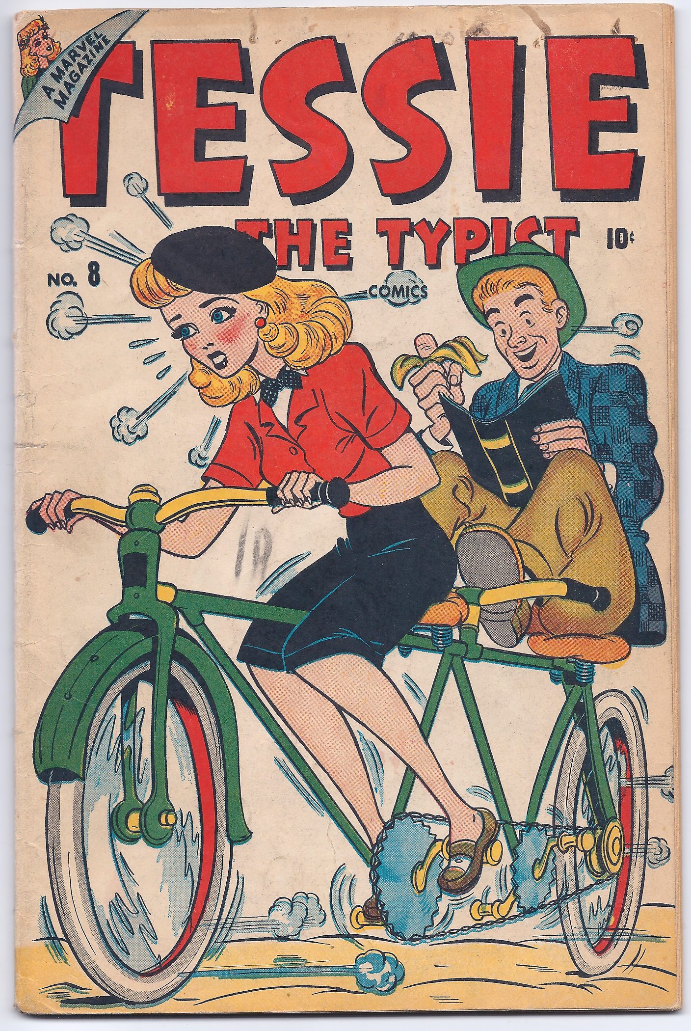 Comic cover: Tessie riding tandem bicycle, typing.
