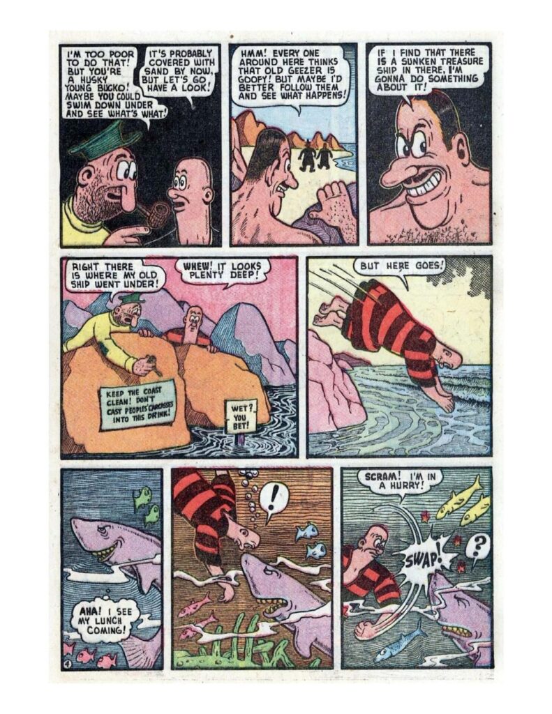 Comic panels showing a man fleeing from a monstrous creature in a house.