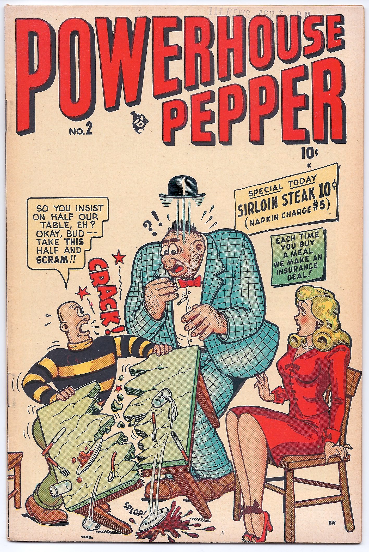 Vintage comic cover shows a man nervously dining with two women.